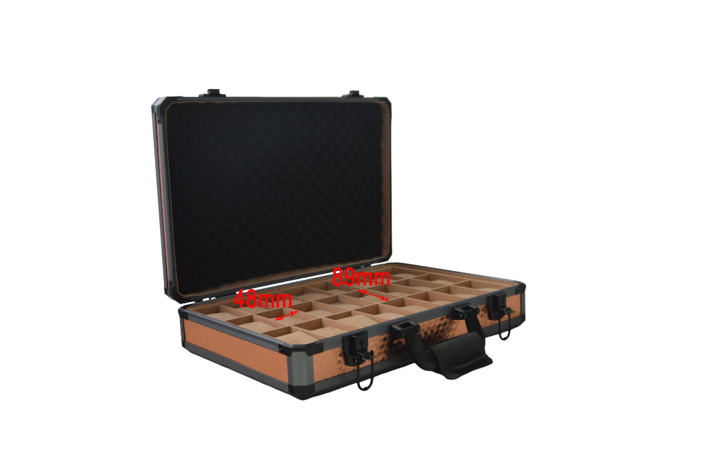 Rose gold 24 slot watch suitcase showing approximately 89 mm by 48 mm compartment dimensions