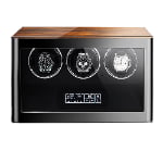 Front view of zebra stripe 3 watch winder with three watches, tempered glass window and touchscreen control