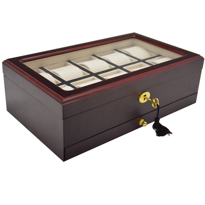 Closed 10 watch case with cherry red exterior, tempered glass window and gold-tone hardware