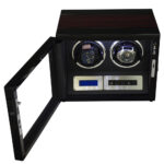 2 watch winder with open tempered glass door, ebony finish, two watch positions and touchscreen controls