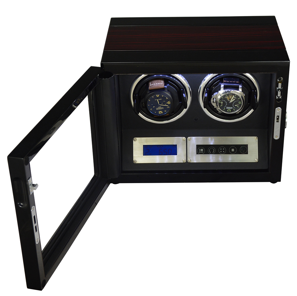 2 watch winder with open tempered glass door, ebony finish, two watch positions and touchscreen controls