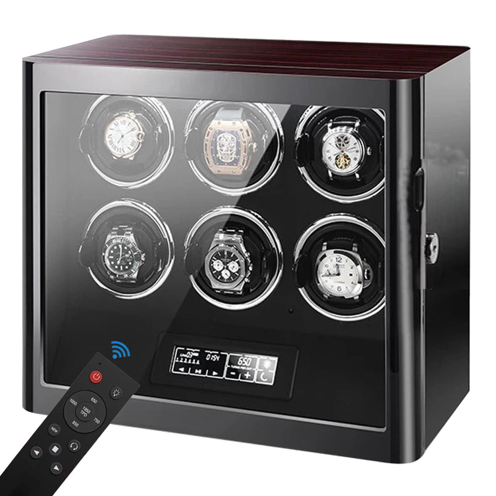 6 watch winder with ebony finish, tempered glass display, touchscreen and remote control
