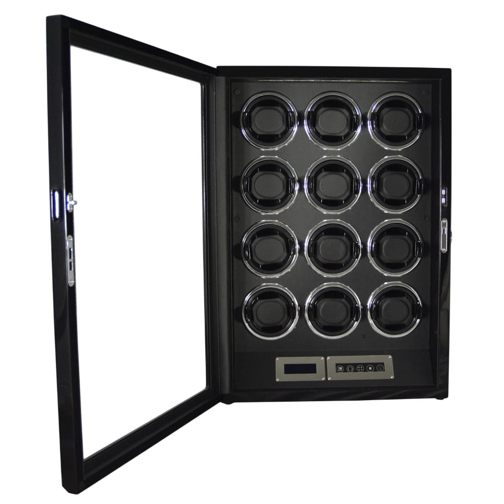 12 watch winder with open tempered glass door, black interior and twelve winding positions
