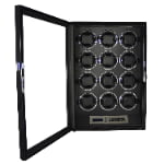 12 watch winder with open tempered glass door, black interior and twelve winding positions