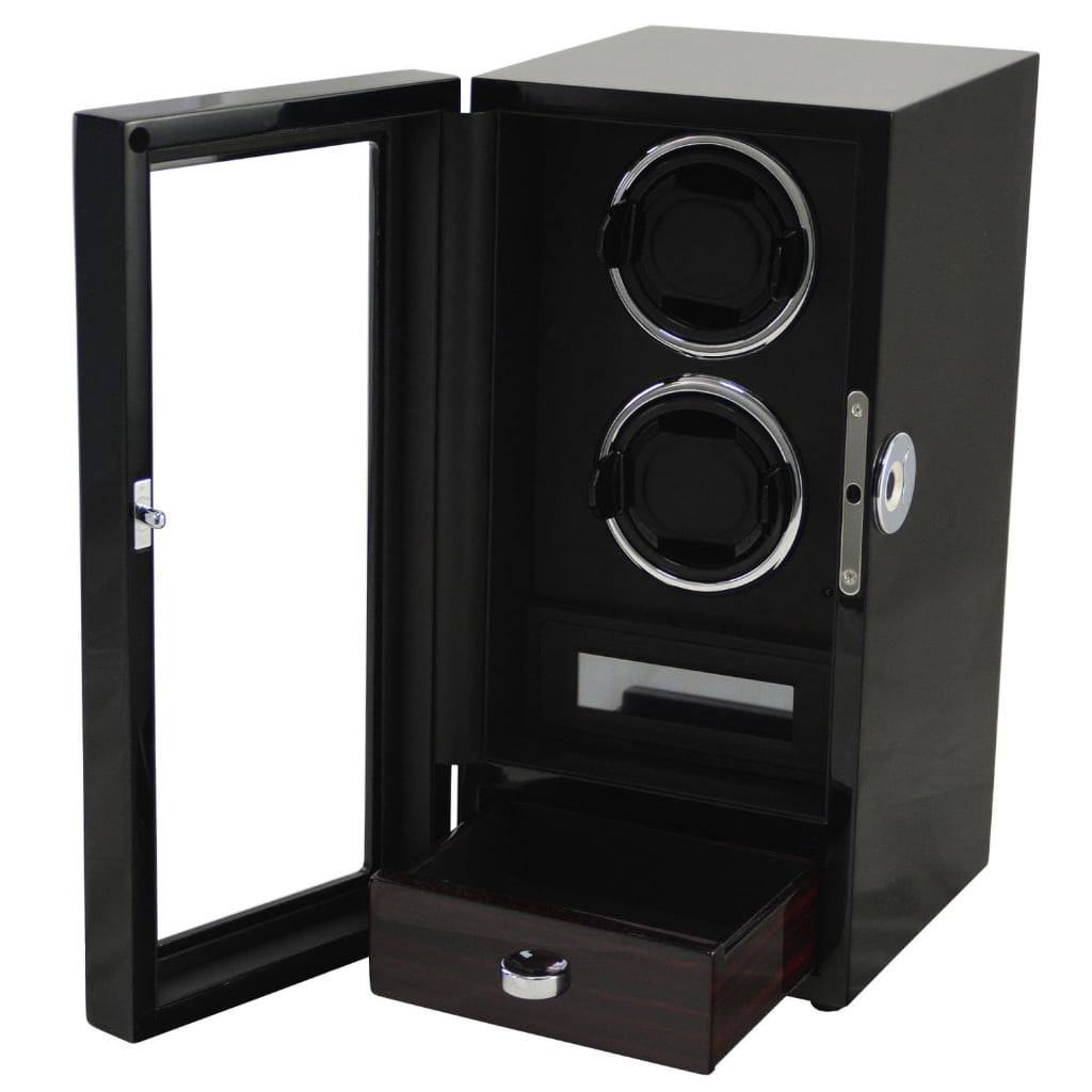 Black 2 watch winder with open tempered glass door, two winding positions and open storage drawer
