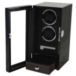 Black 2 watch winder with open tempered glass door, two winding positions and open storage drawer