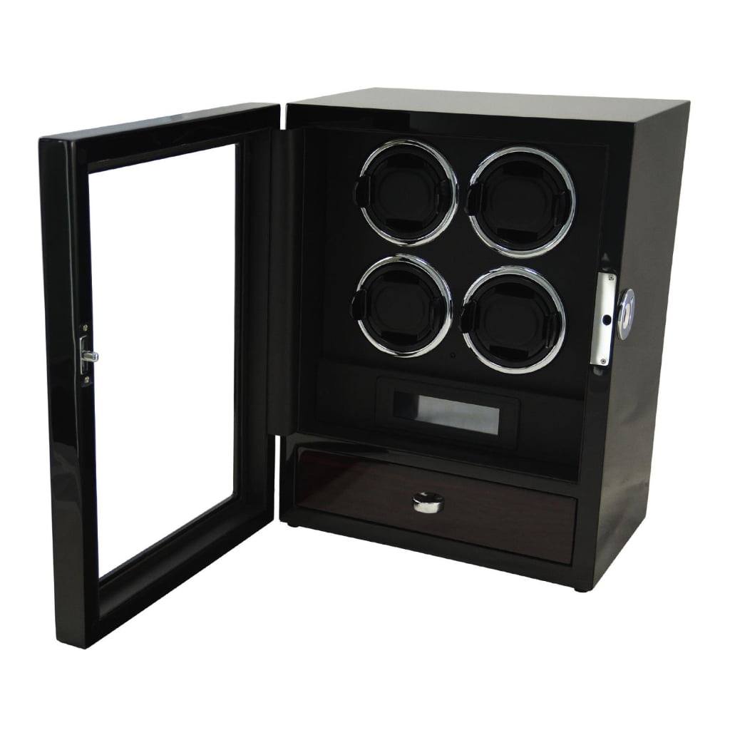 Black 4 watch winder with open tempered glass door, four winding positions and storage drawer