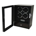 Black 4 watch winder with open tempered glass door, four winding positions and storage drawer