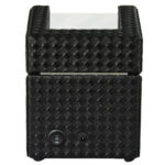 Single watch winder rear view with black woven PU leather exterior, button control and power input