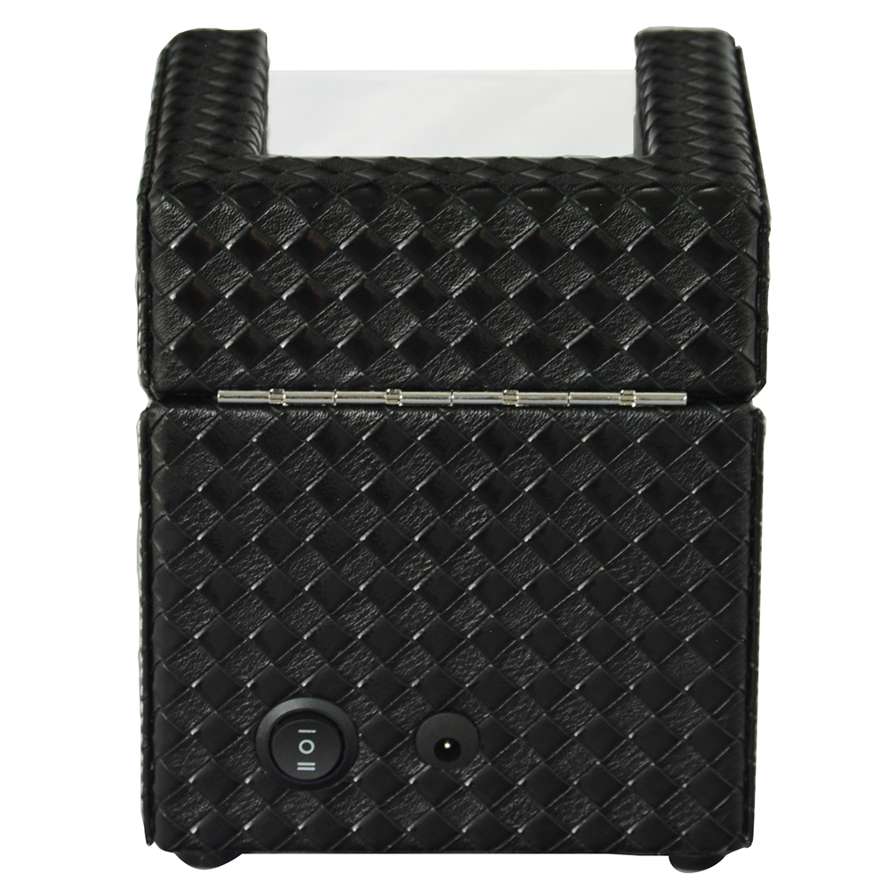 Single watch winder rear view with black woven PU leather exterior, button control and power input