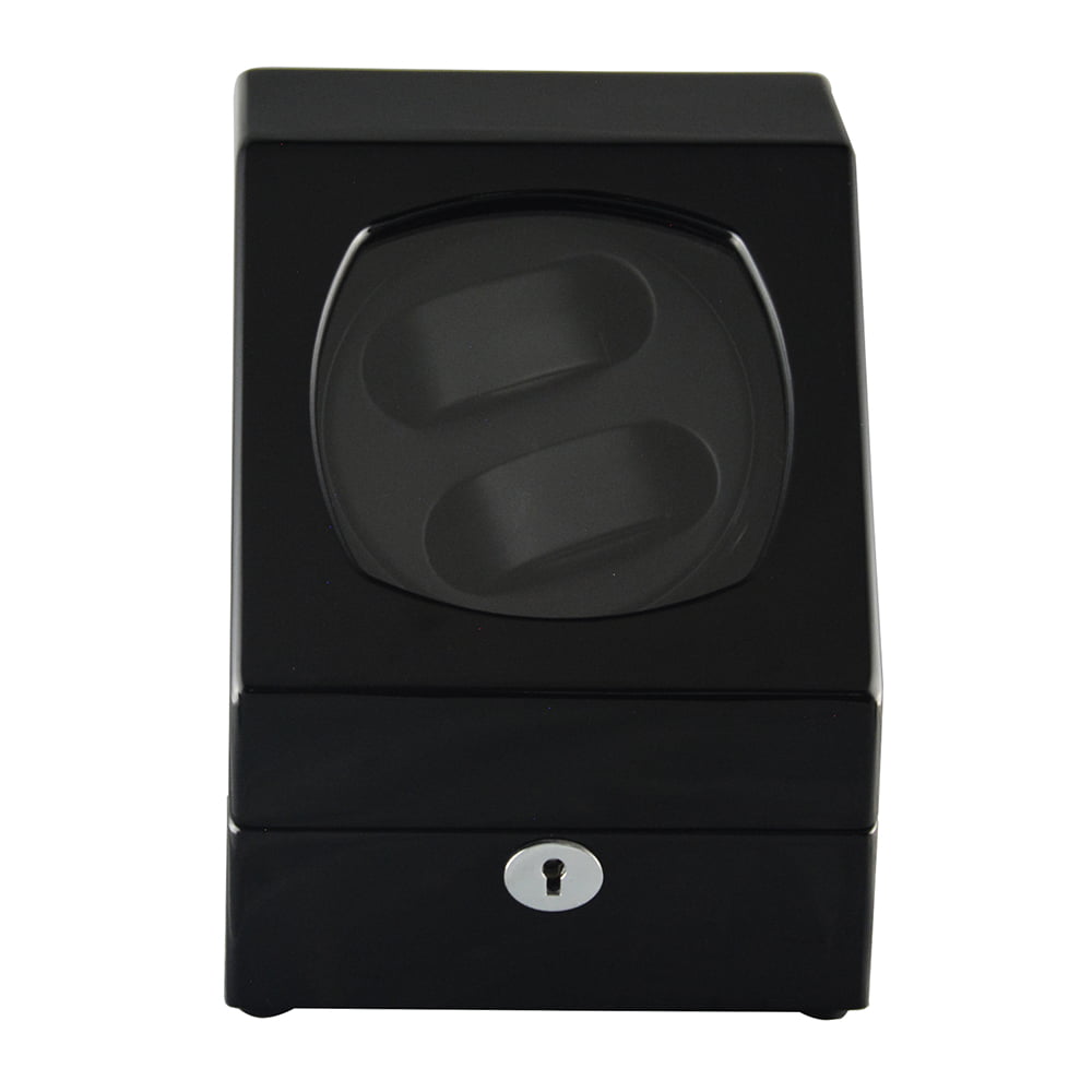Black 2-watch winder with high-gloss finish, tempered glass window and front hardware lock