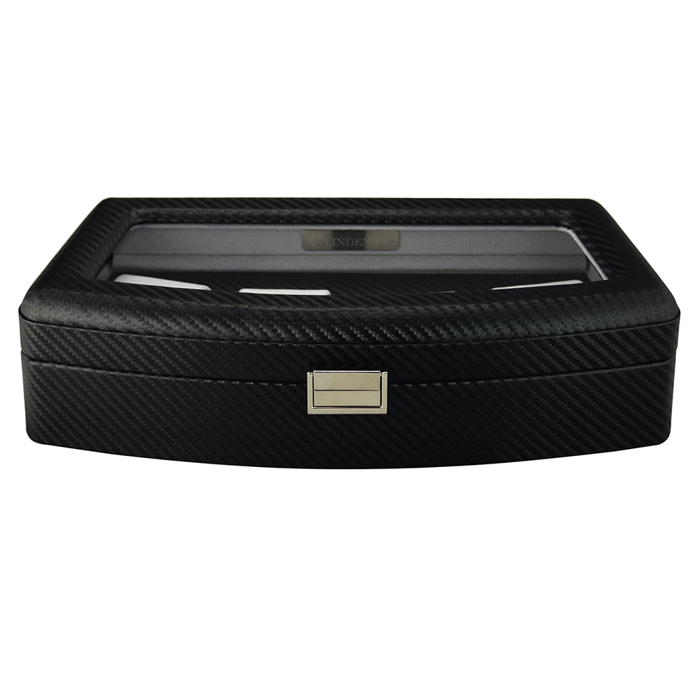 Carbon fiber 4-slot watch organizer box with tempered glass display window
