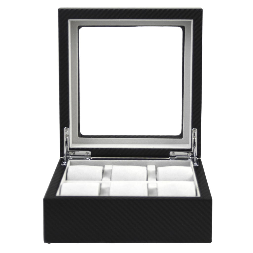 Carbon fiber 6-watch box open with grey velvet interior and six watch cushions