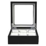 Carbon fiber 6-watch box open with grey velvet interior and six watch cushions