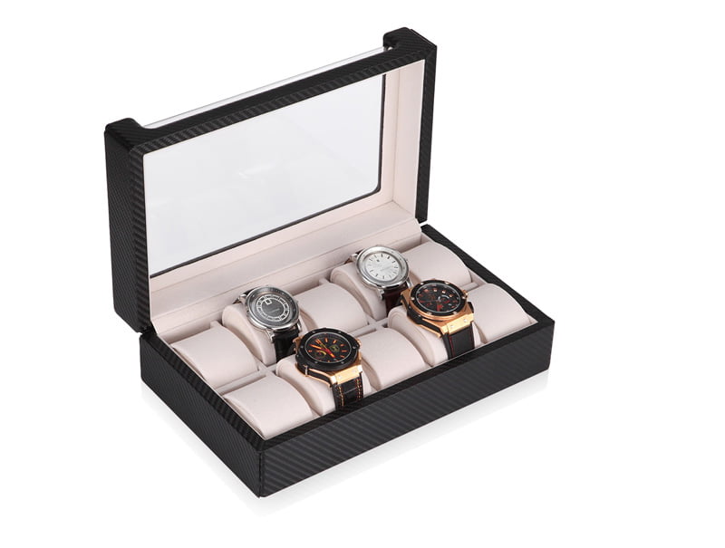 Carbon fiber 10-slot watch box open with beige velvet interior and watch cushions