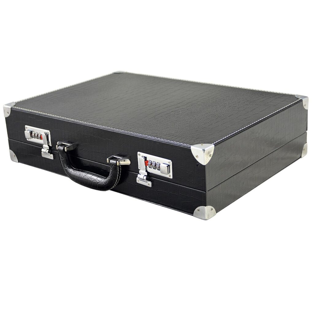 Black PU leather 24 watch suitcase with crocodile grain exterior and combination locks