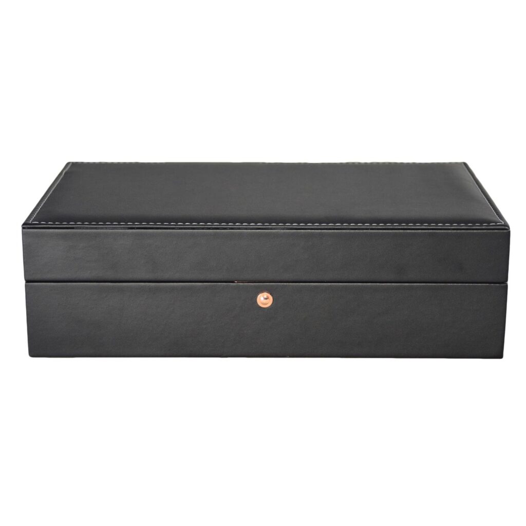 Black PU leather 10 slot watch box with snap button closure