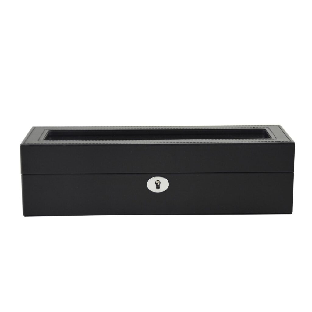 Black leather 6 slot watch box closed with acrylic display window