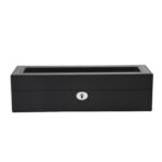 Black leather 6 slot watch box closed with acrylic display window