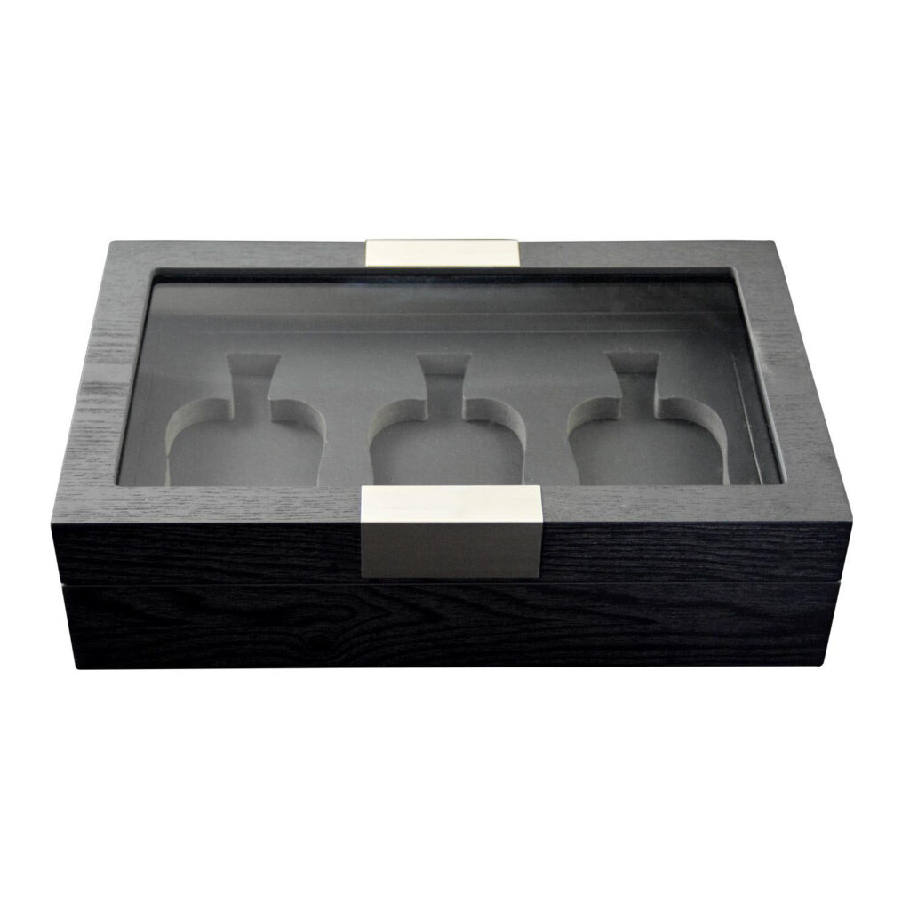 Black wood perfume display storage box with tempered glass window