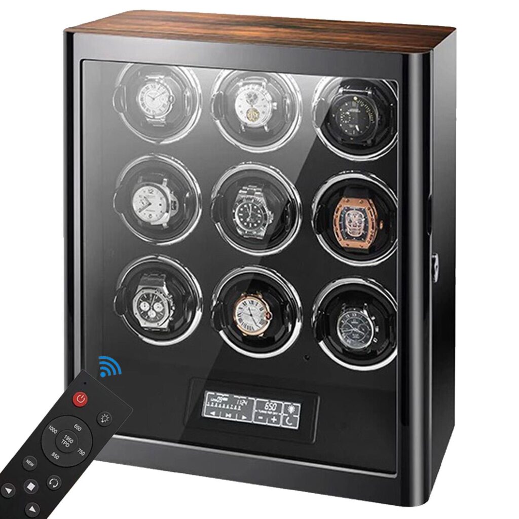 9 watch winder with zebra stripe top, tempered glass door, touchscreen and remote control