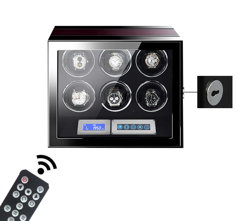 6 watch winder with tempered glass window, remote control and standard hardware lock