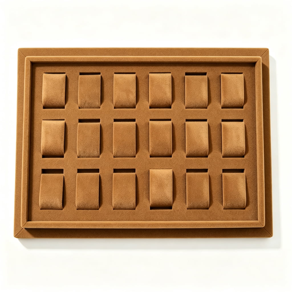 Coffee velvet watch display tray with 18 compartments