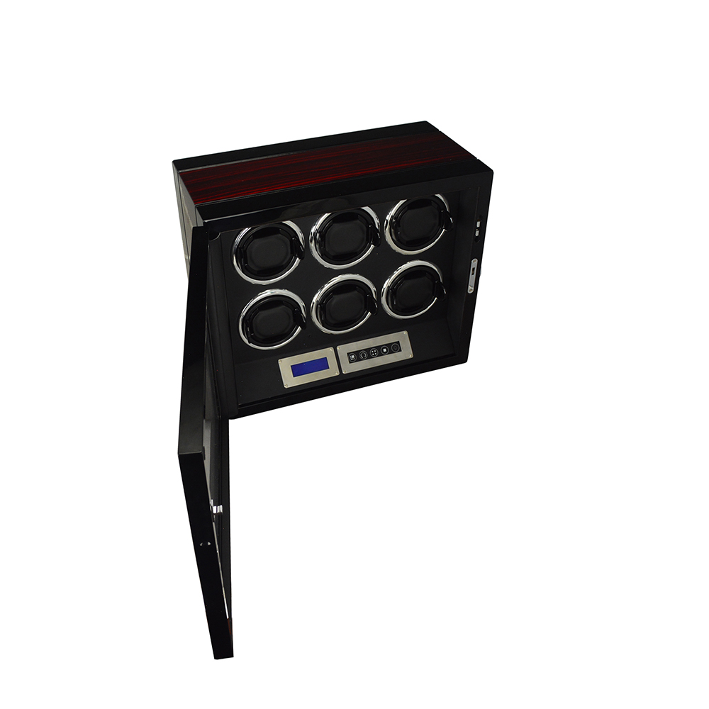 Open 6 watch winder with ebony exterior, black interior and six circular winding positions
