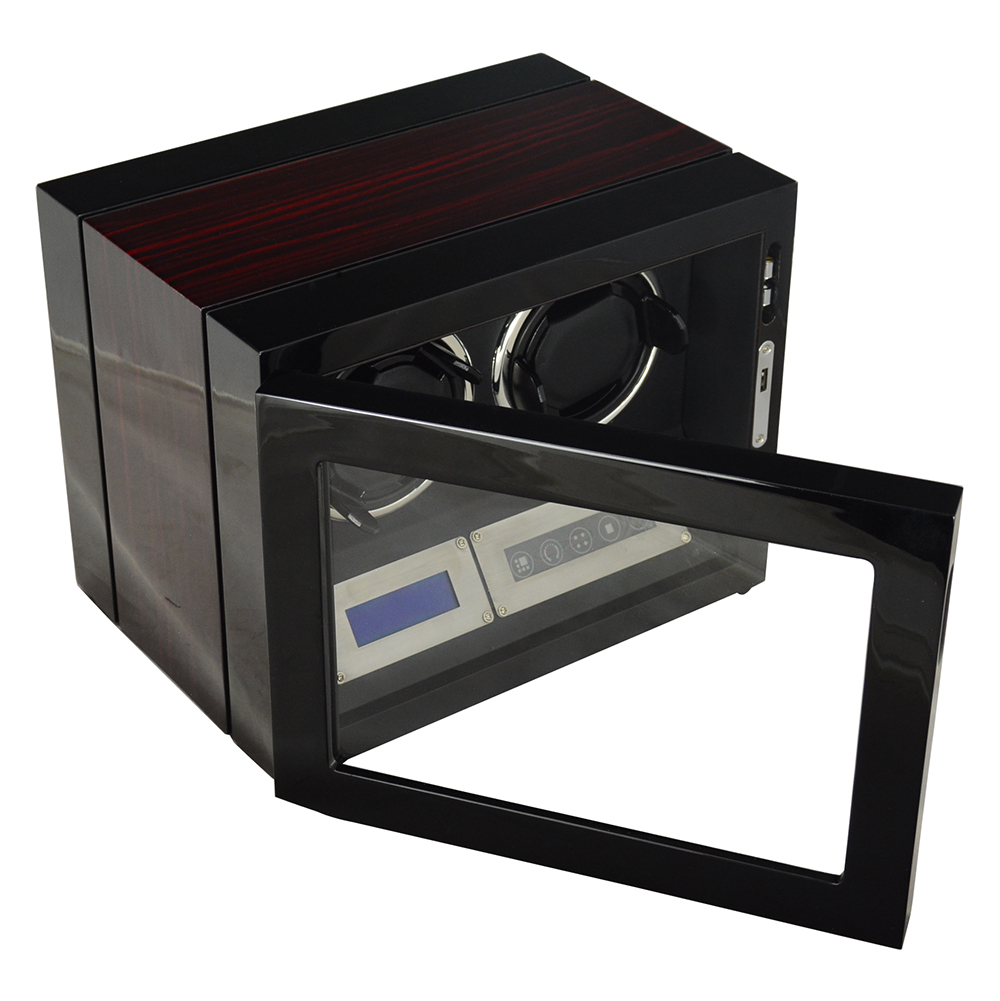 2 watch winder with open tempered glass door, ebony finish and digital control panel