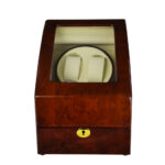 Watch winder display box with deep yellow glossy exterior and tempered glass window