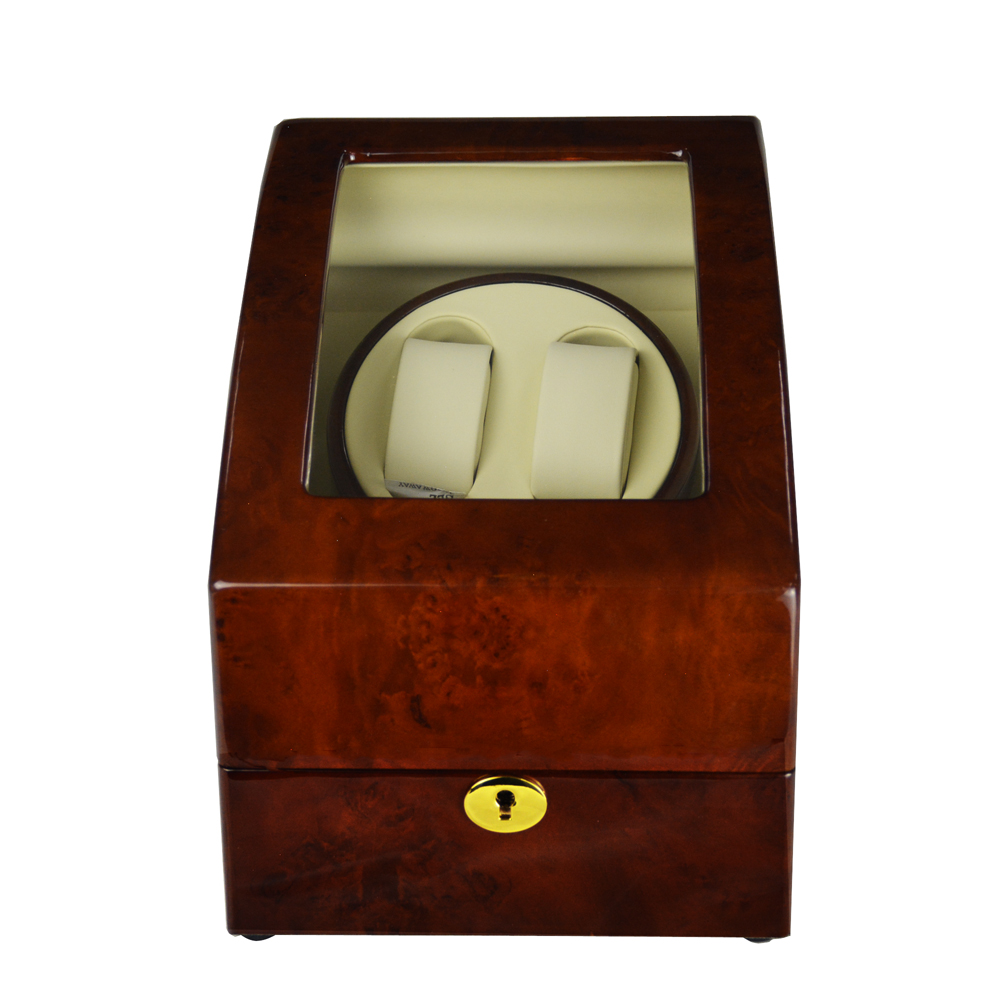 Watch winder display box with deep yellow glossy exterior and tempered glass window