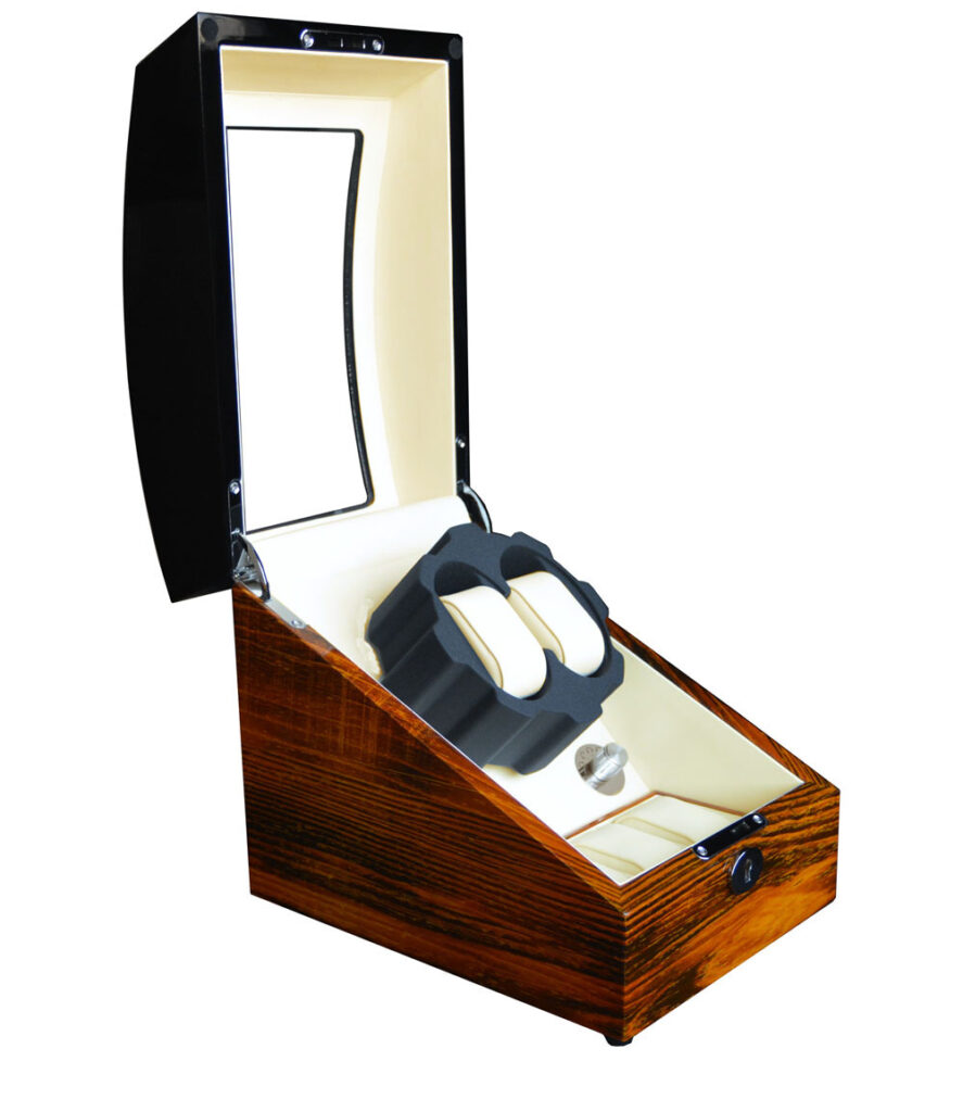 Wood grain watch winder display box bottom structure and inside details