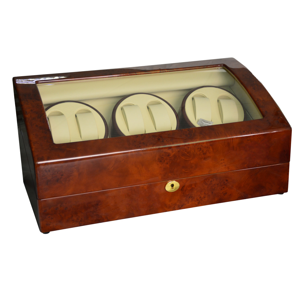 Japanese Mabuchi watch winder with deep yellow lacquered exterior and beige interior