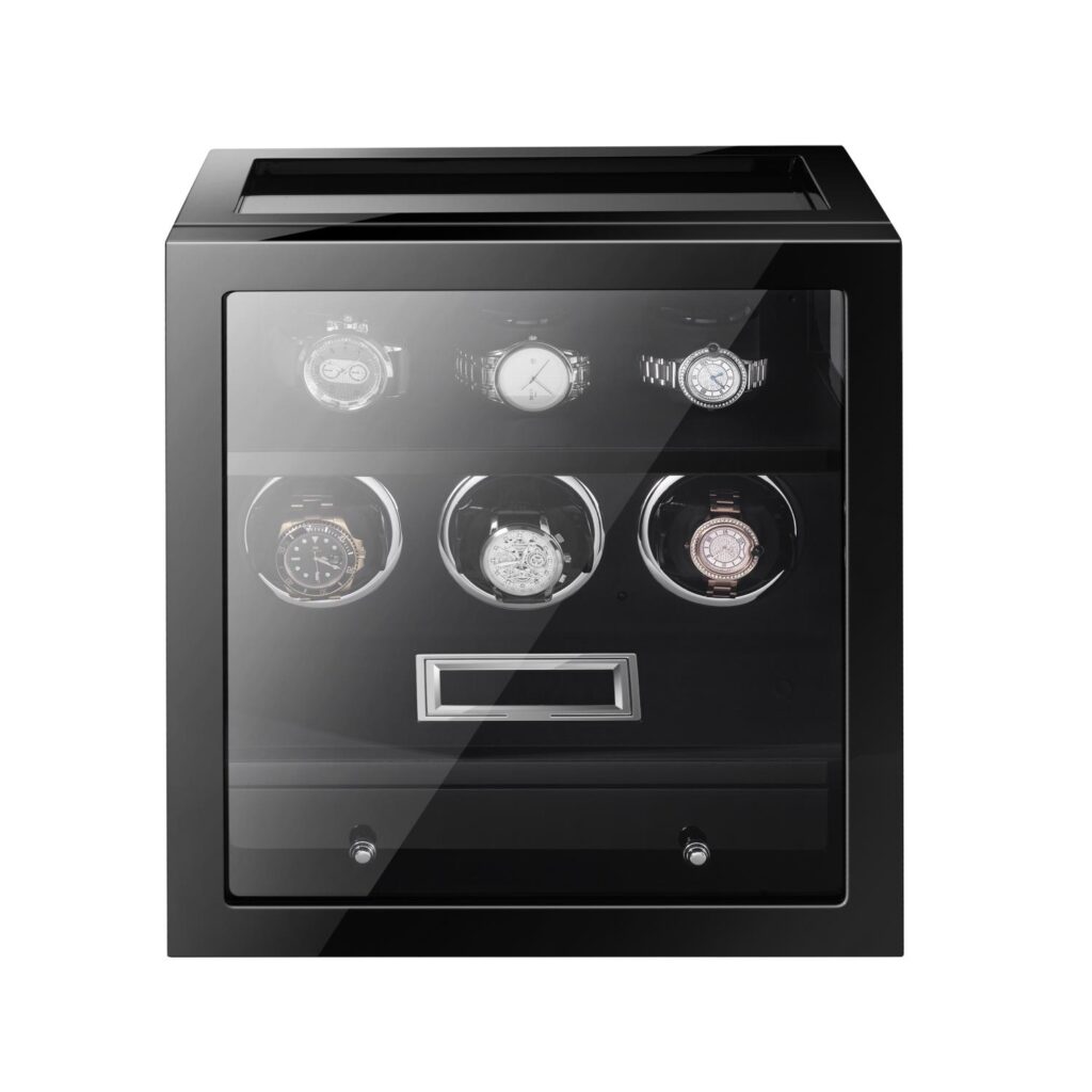 Touch screen watch winder with black high gloss case and glass display window