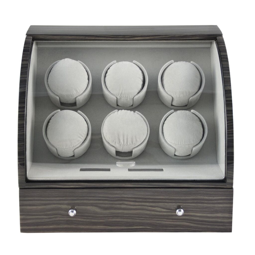 Automatic watch winder with touchscreen control and dark oak finish display case