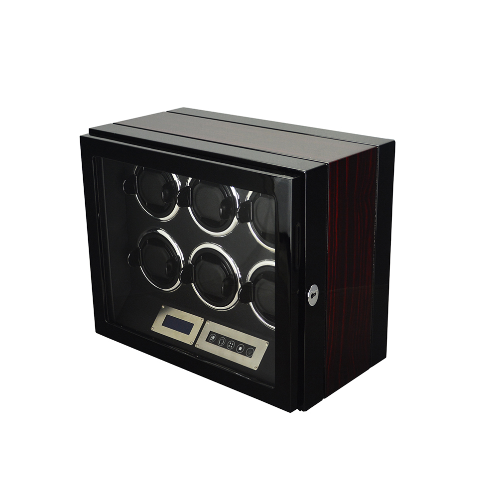 6 watch winder with ebony side finish, tempered glass door and six winding positions