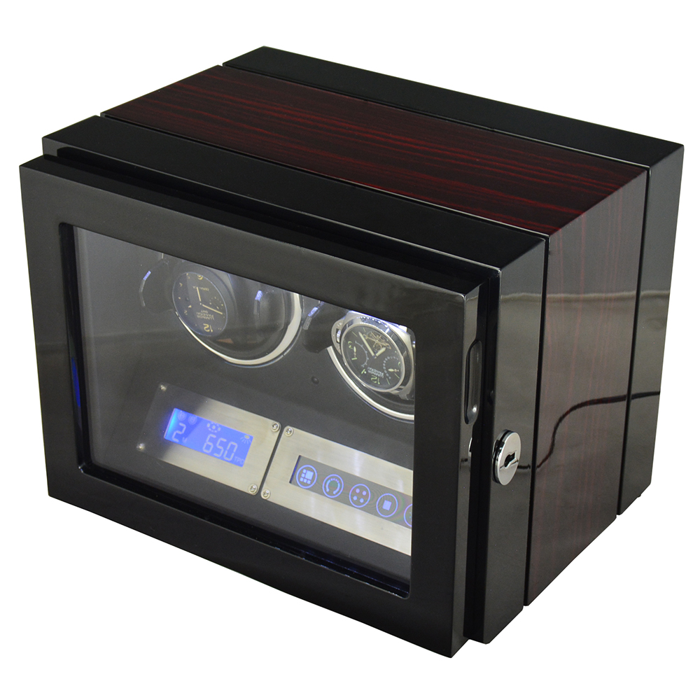 2 watch winder with ebony high-gloss cabinet, tempered glass front and illuminated digital controls