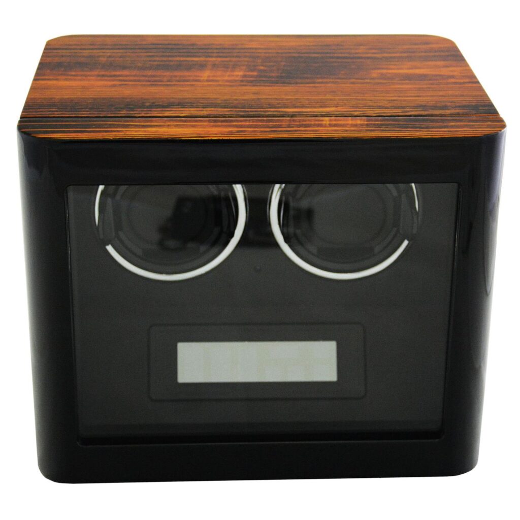 2 watch winder storage case front with Zebra wood grain exterior