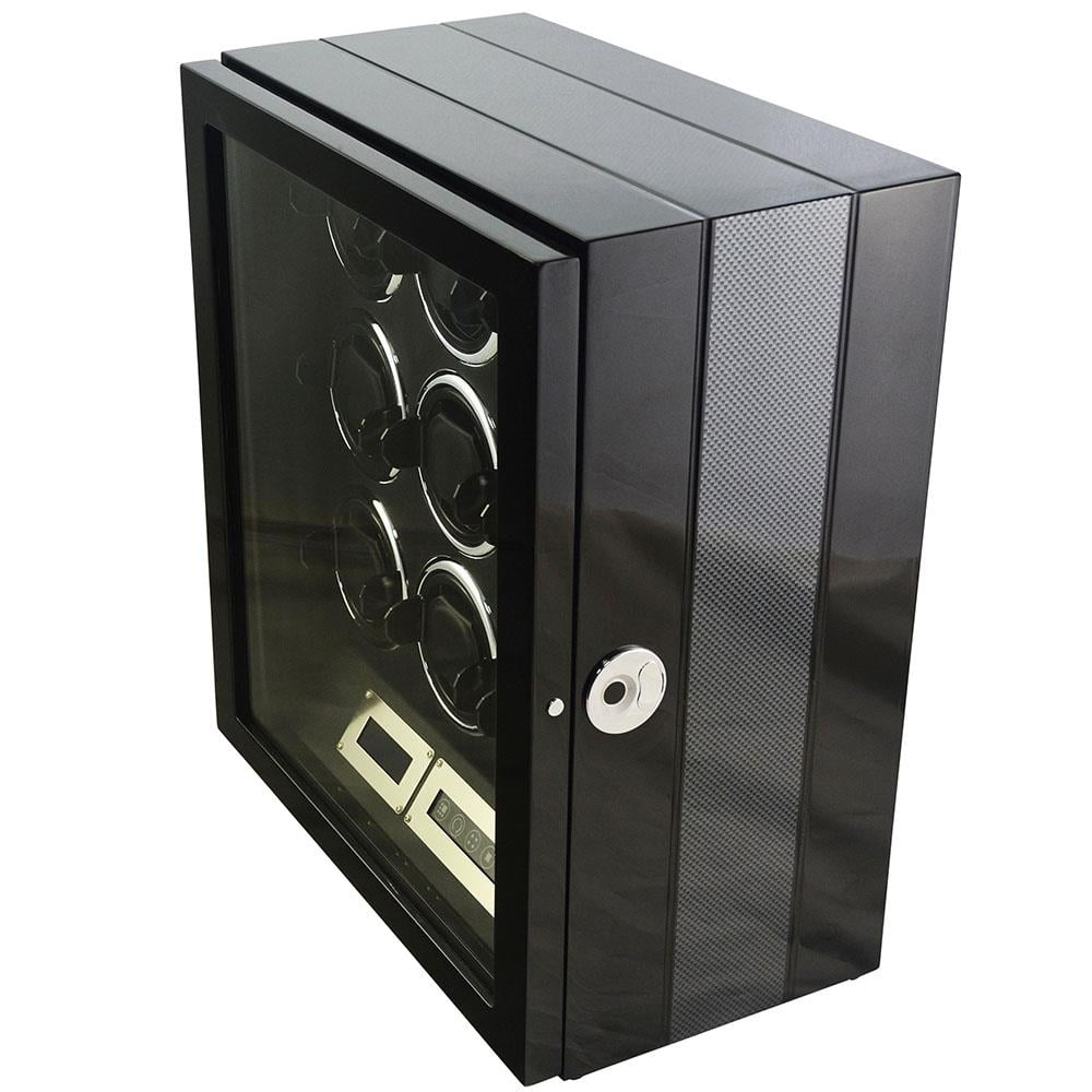 9 watch winder with carbon fibre-style side panel, tempered glass door and fingerprint lock