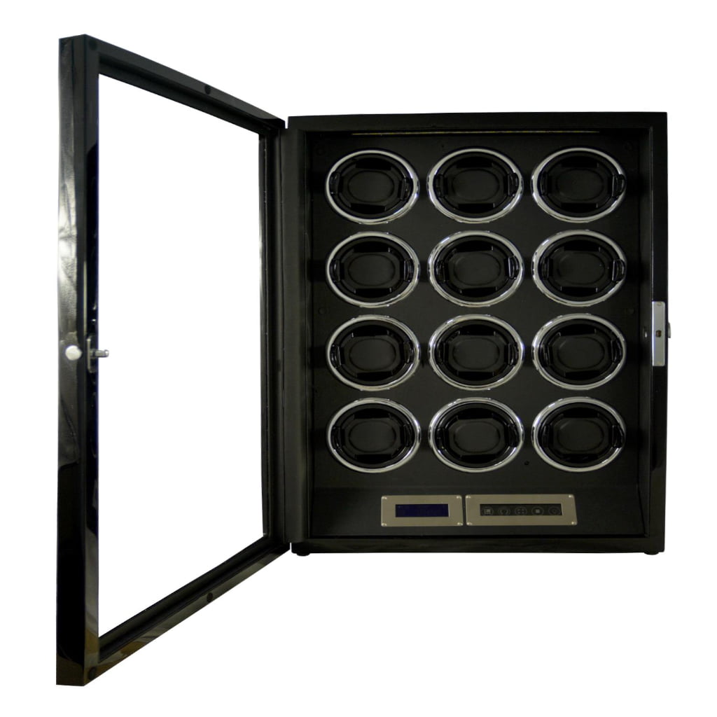 12 watch winder with open tempered glass door, black interior and twelve winding positions