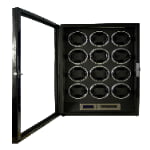 12 watch winder with open tempered glass door, black interior and twelve winding positions