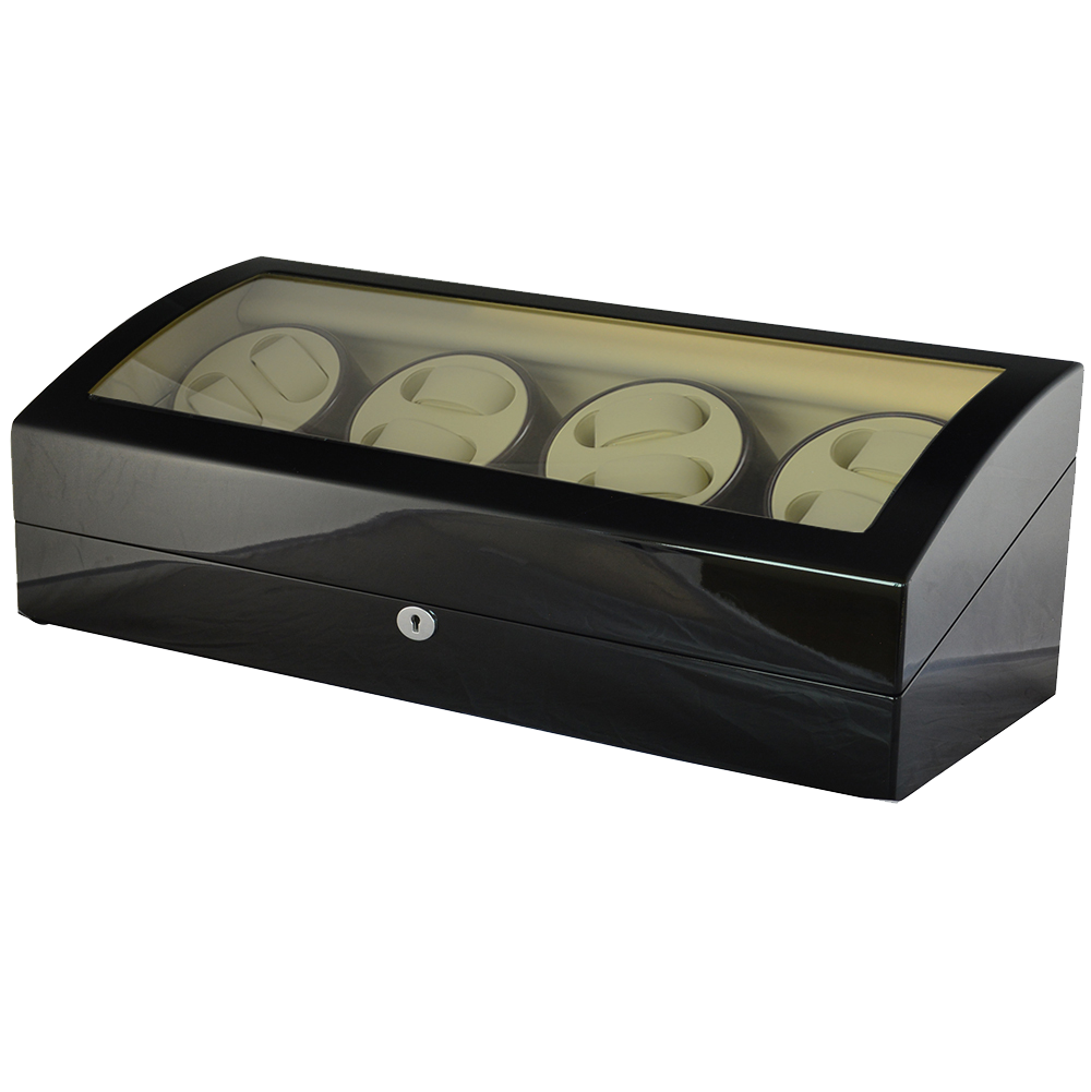 Custom 8 slot watch winder storage case with black exterior beige interior and glass display