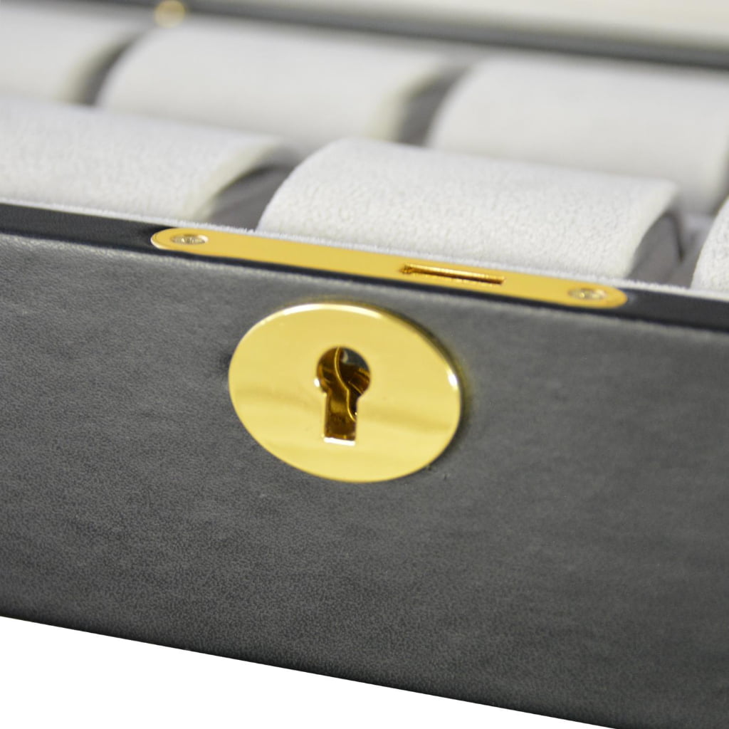 Gold hardware lock detail on black PU leather watch box