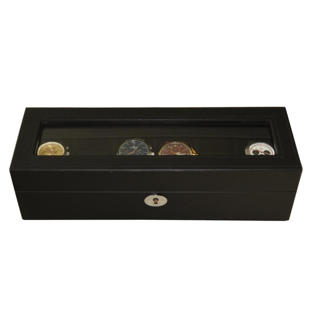 Black watch case close-up showing metal lock detail