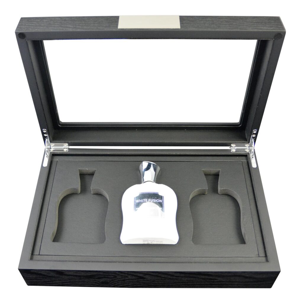 Perfume box with tempered glass display window and structured interior