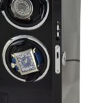 Watch winder interior detail with standard hardware lock and black winding compartments