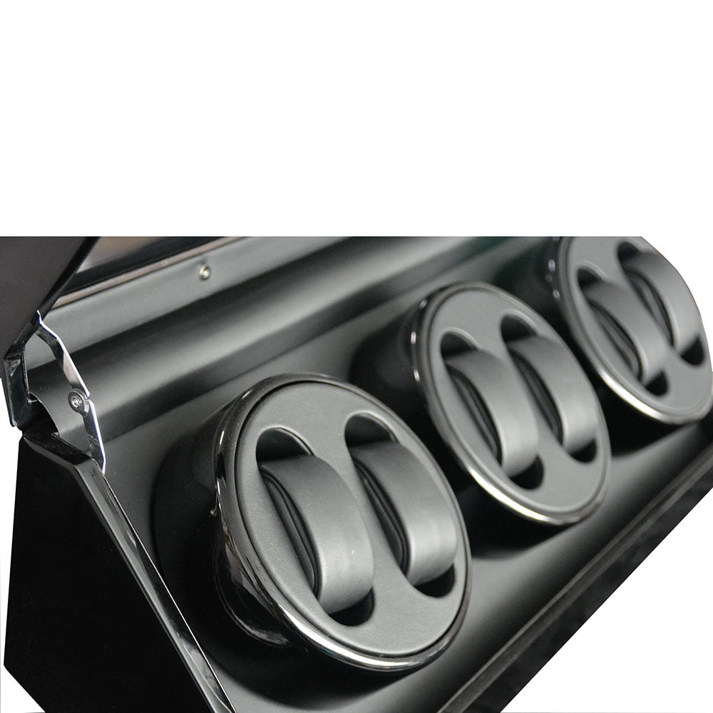 Watch winder interior with black PU leather finish and winding modules
