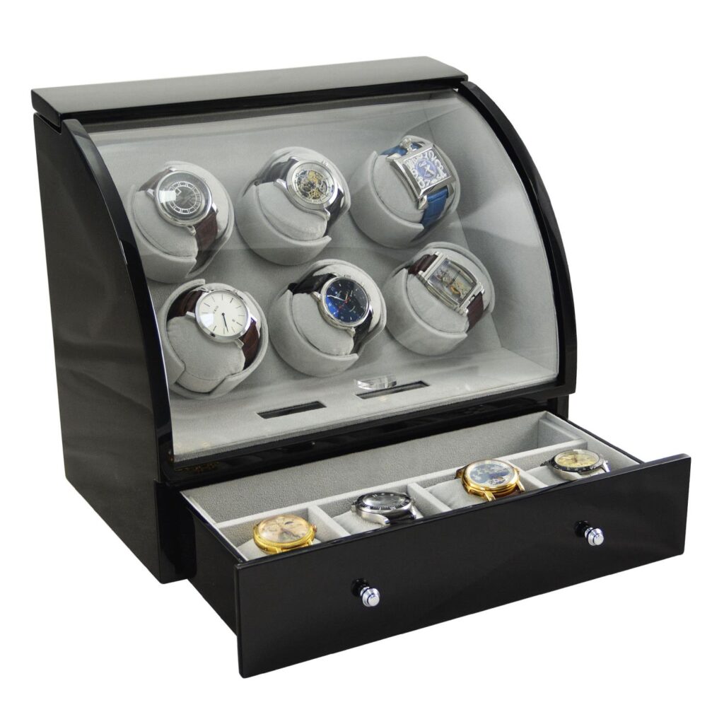 12 o'clock return watch winder angle side with open storage drawer and multiple watch display positions