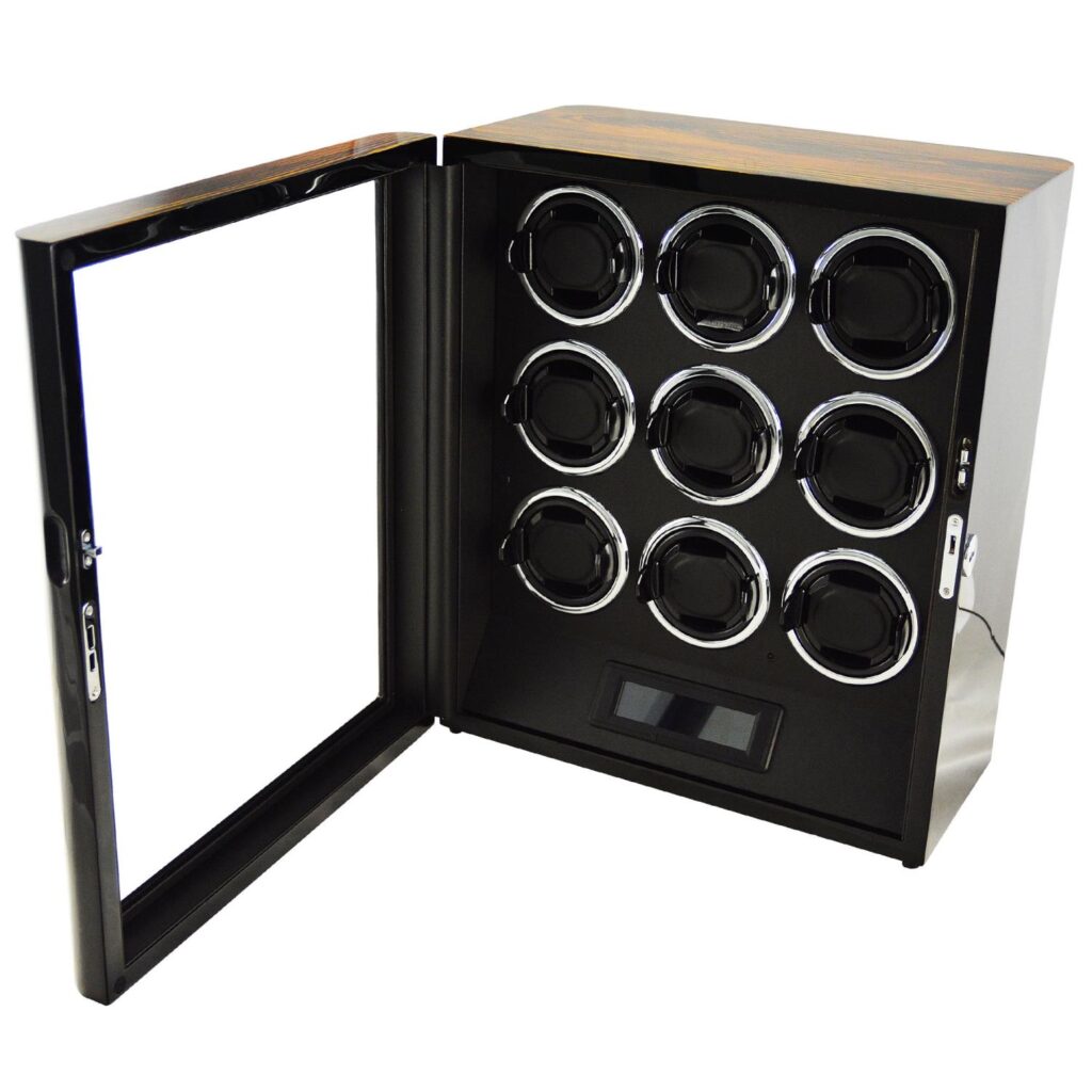 Open 9 watch winder with nine empty winding compartments, black interior and touchscreen panel