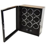 Open 9 watch winder with nine empty winding compartments, black interior and touchscreen panel
